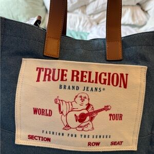 True Religion Denim Tote with Brown and Cream Accents